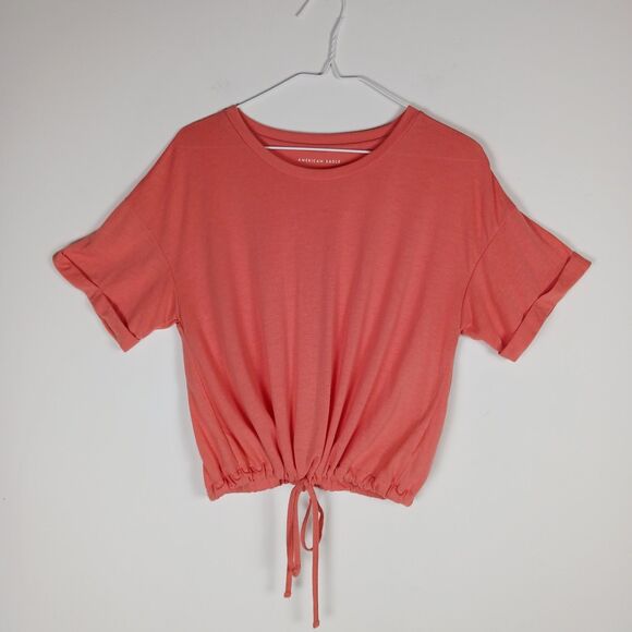 American Eagle Women's Size M Boxy Crop Tee Tie Front Cuff Sleeve Shirt Peach - Picture 1 of 8